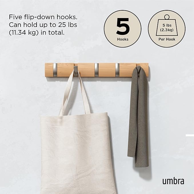 Umbra Flip 5 Wall Mounted Hook | Real wood and steel build, retractable hooks fold flat, holds coats bags and scarves, easy install - Image 5