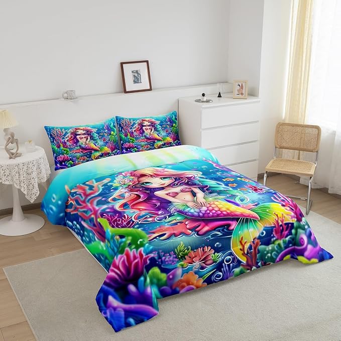Manfei Mermaid Comforter Set,Watercolor Ocean Animal Dreamy Fairy Tale Bedding Set for Kids Girls Bedroom,Undersea Colorful Coral Neon Mermaid Scale Comforter with 1 Pillow for All Seasons,Twin - Image 2
