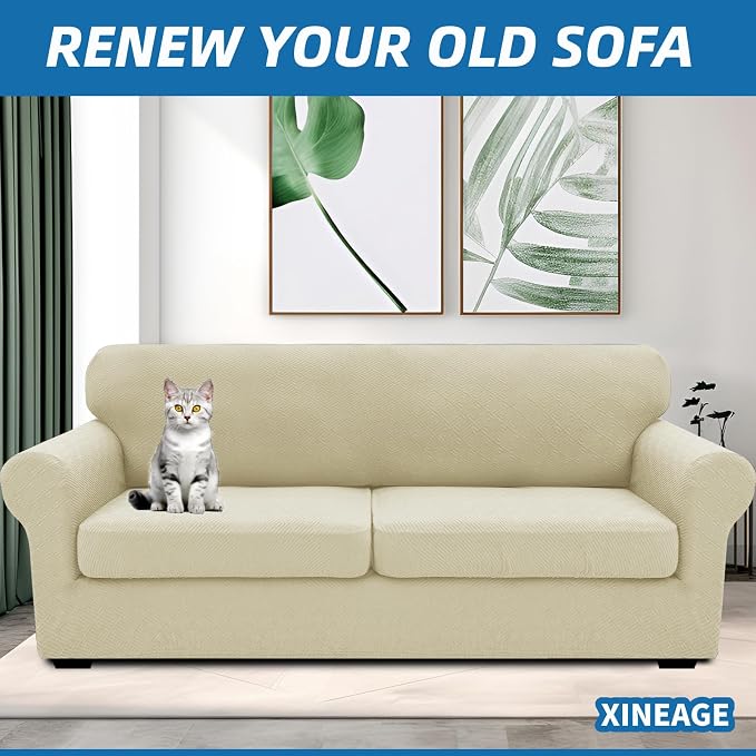 XINEAGE New 3 Pieces Couch Covers for 2 Extra Large Cushion Sofa Super Stretch Sofa Cover for 2 Large Seat Universal Loveseat Slip Cover for Living Room (Light Beige), 71"-91"(2 Cushions) - Image 4