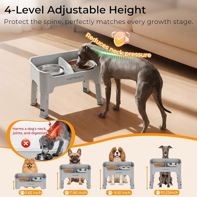 URPOWER Mess Proof Elevated Dog Bowls for Small Dogs with Splash Guard | 4 Height Adjustable Raised Stand with 2 Stainless Steel Food Bowls & Licking Plate for Small, Medium & Large Dogs - Image 3