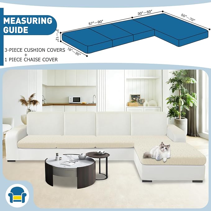 MAXIJIN Waterproof Sectional Couch Cover 4 Pieces Stretch Couch Cushion Covers for Sectional Sofa L Shape Seat Slipcovers with Elastic Bottom for Dog Pet (3 Seater + 1 Chaise, Beige) - Image 2