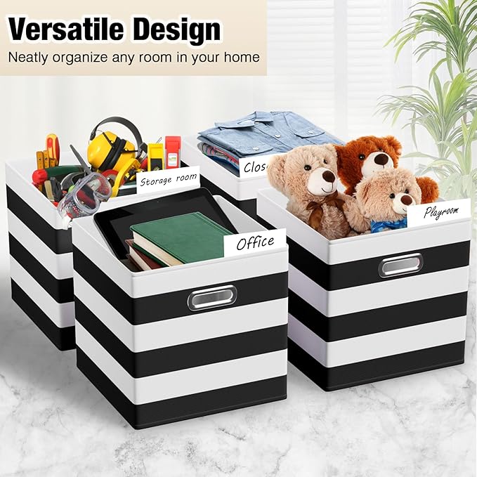 CroBlissful 13 Inch 6 Pack Fabric Storage Cubes with Metal Handles, Back to School Collapsible Organizer Bins for Classroom, Closet, Student Room, Toys and School Supplies (Black and White) - Image 4