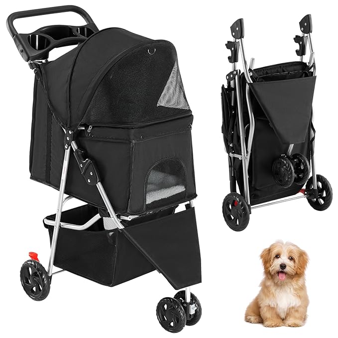Sweetcrispy Pet Stroller for Dogs and Cats | Foldable, Lightweight, and Durable | Ideal for Small to Medium Pets | Includes Storage Basket and Cup Holders