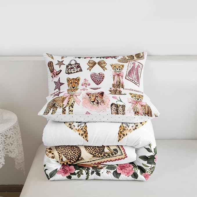 Manfei Cartoon Cheetah Boots Comforter Set Full Size,Girly Bow Cute Bedding Set for Kids Girls Boys Room Decor,Modern Fashion Leopard Soft Duvet Insert for All Season,2 Pillowcase,Pink White Brown - Image 8