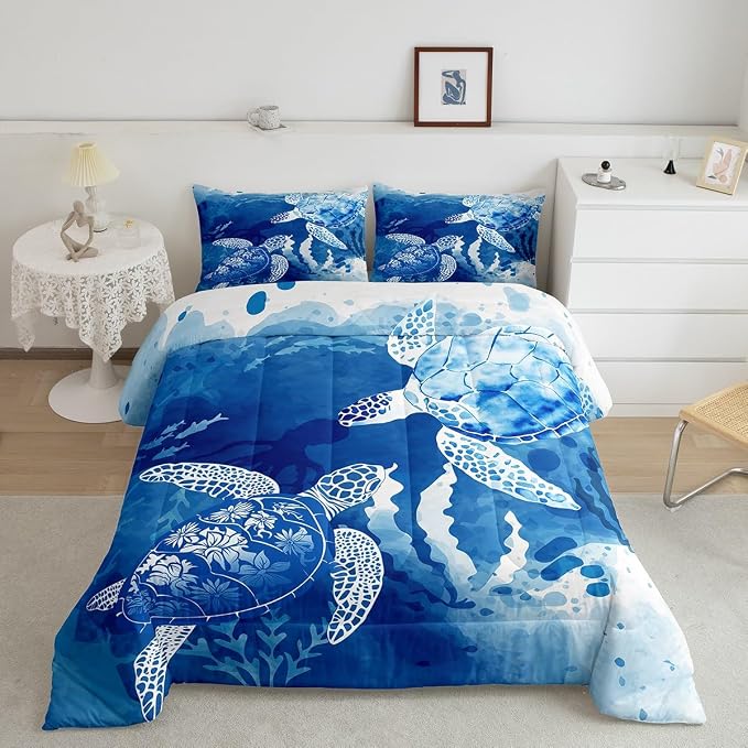 Homewish Sea Turtle Comforter Set Queen, Octopus Seaweed Silhouette Bedding for Room Decor, Navy Blue Tie Dye Quilt Undersea Animals Plants Duvet Insert 3pcs with 2 Pillowcases - Image 2