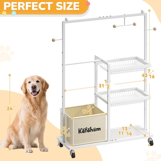 KAFAHOM Dog Toy Basket, Basket For Dog Toys Living Room, The Stuff For Dogs, Cat Toy Box, Dog Toy Bin, Toy Chest Storage, All-in-One Pet Supplies Organizer with Leash Hanging Rail and Locking Casters - Image 3