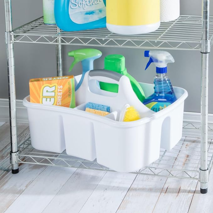 Sterilite Divided Ultra Caddy, Plastic, Portable Storage to Hold Bathroom and Cleaning Supplies, 5 Large Compartments and Handle, White, 12-Pack - Image 6
