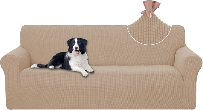 U-NICE HOME Stretch Couch Cover Sofa Covers for 3 Cushion Couch Slipcover with Elastic Bottom Furniture Protector for Dogs, Spandex Jacquard Soft Fabric (Large, Camel) | 1-Piece Sofa cover, Washable, Pet friendly, Furniture protector, Polyester Spandex... by U-NICEHOME