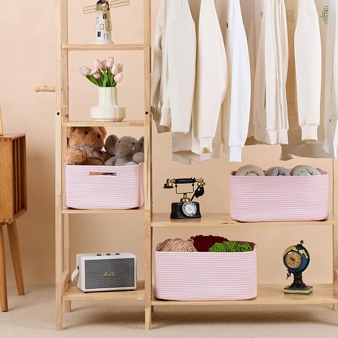 MiniArk Large Storage Baskets for Organizing, 17 x 13 x 7.5” Closet Shelf Baskets for Clothes Blanket Towels, Baby Nursery, Toy Bins Box, Woven Rope Baskets, 4 Packs Light Pink - Image 3
