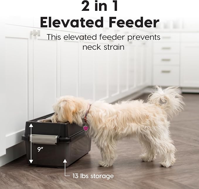 IRIS USA Dog Bowls Elevated with Storage, 9" H Raised Feeding Station with Airtight Food Container Holds Up to 13 lbs, Dog Bowl Stand for Small Dogs, Indoor Pet Feeder, Smoke/Black - Image 3