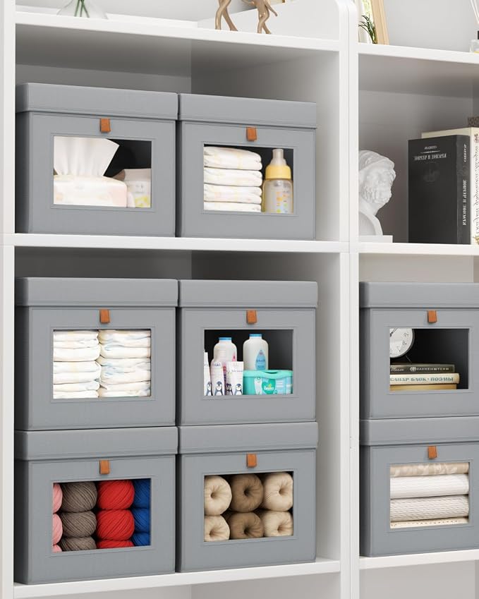 Homsorout Storage Bins with Lid – Closet Organizer with Side Opening and Clear Window, Foldable Stackable Fabric Basket for Clothes, Home, Office - 13.77" x 11.8" x 9.8", 4 Pack, Grey - Image 6