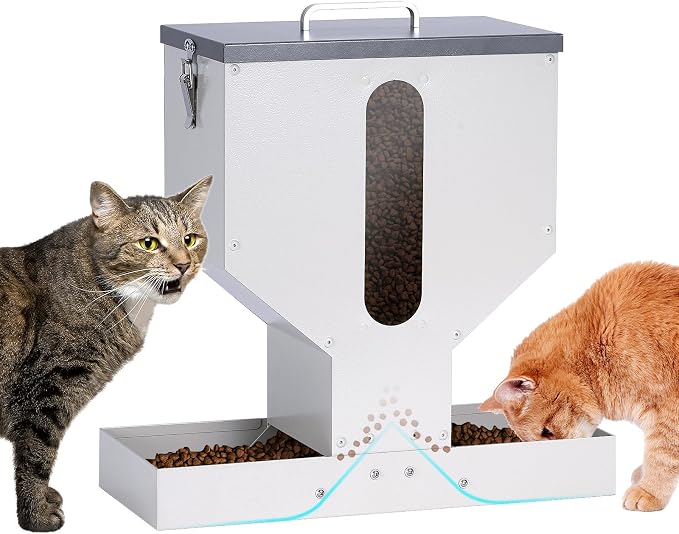 Automatic Cat Feeder 2 Cats Gravity Dual Cat Feeder Auto Dry Food Dispenser with Strong Anti-Jam Galvanized Steel Pet Food Station Indoor & Outdoor by PAULOZYN
