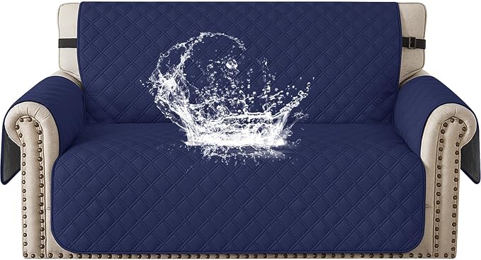 Waterproof Loveseat Covers for 2 Cushion Couch, Sofa Covers for Pets Washable with Side Pockets, Non Slip Couch Covers for Dogs, Dog Couch Cover with Elastic Straps (Loveseat, Navy Blue) by CYCMACOHOME