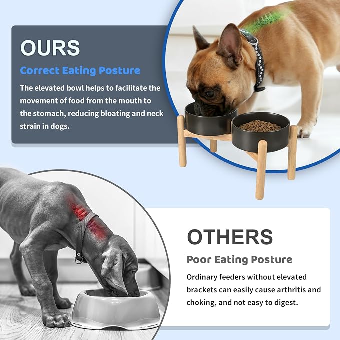 SPUNKYJUNKY Ceramics Elevated Dog Bowls with Wooden Stand Raised Dog Bowl for Medium Large Dog Food and Water Pet Feeding Bowl(Double 60OZ Bowls,Black) - Image 3