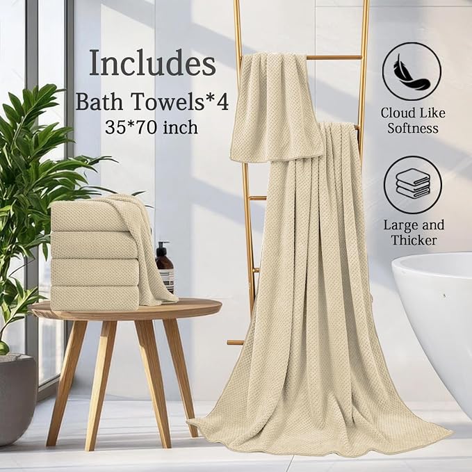 Extra Large Bath Towels Set 35x70 Inches - Beige Luxury 600 GSM Oversized Bath Sheet Towel,Ultra Soft Microfiber - Quick Dry,Highly Absorbent Shower Towels Spa Hotel Bathroom Towel Set (4-Pack) - Image 6