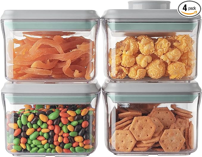 Ankou Airtight Container Set - (380ml 4 Pcs) Stackable One Button Openning Food Containers for Snacks Candy Salt Herbs Spices BPA-Free Tranparent (0.32 QT * 4) by ANKOU