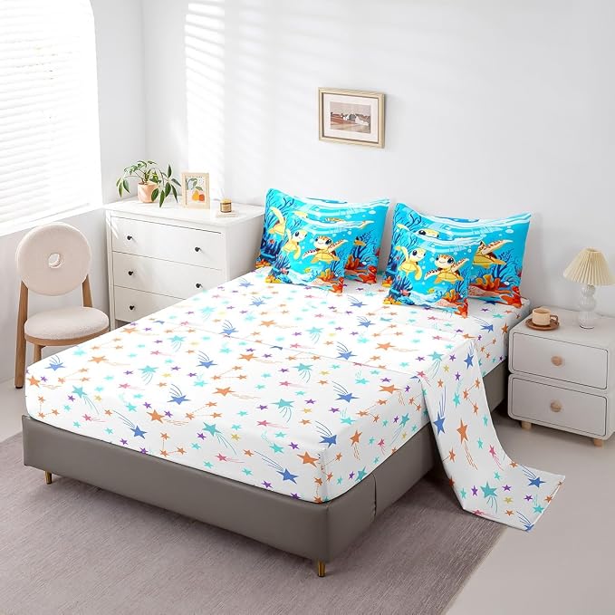 Erosebridal Cute Turtle 7-Piece Bedding Set King Size, Reptile Tortoise Comforter Set with Sheets, Underwater World Sea Animal Bed in A Bag, Colourful Coral Bedding Comforter Sets - Image 4
