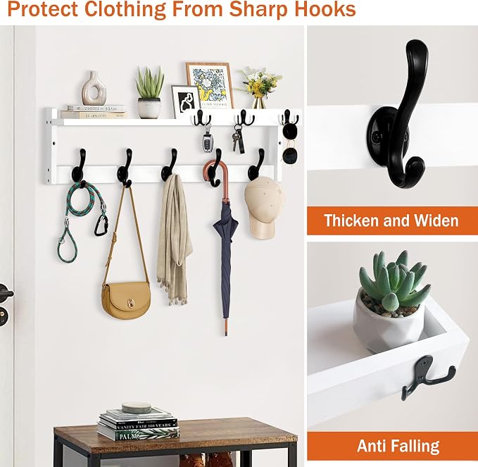 29'' Coat Rack Wall Mount with Shelf, Coat Hanger Wall Mount with Key Hooks and Mail Holder, Wood Entryway Floating Shelf with Hooks and Storage, Hat Rack for Wall Key Holder Mail Organizer - Image 3