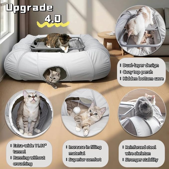 XxingSheep 2-Tier Cat Tunnel & Hammock Bed XXL, 4 Cave Shuttle with Elevated for Multiple Cats Toy Light Grey - Image 3