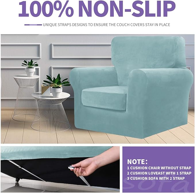 ZNSAYOTX Oversized Velvet 3 Piece Couch Cover with 2 Extra Large Seat Cushion Covers Stretch Sofa Cover for 2 Cushion Couch Thick Soft Loveseat Sofa Slipcover (Stone Blue), 72"-92"(2 Cushions) - Image 5