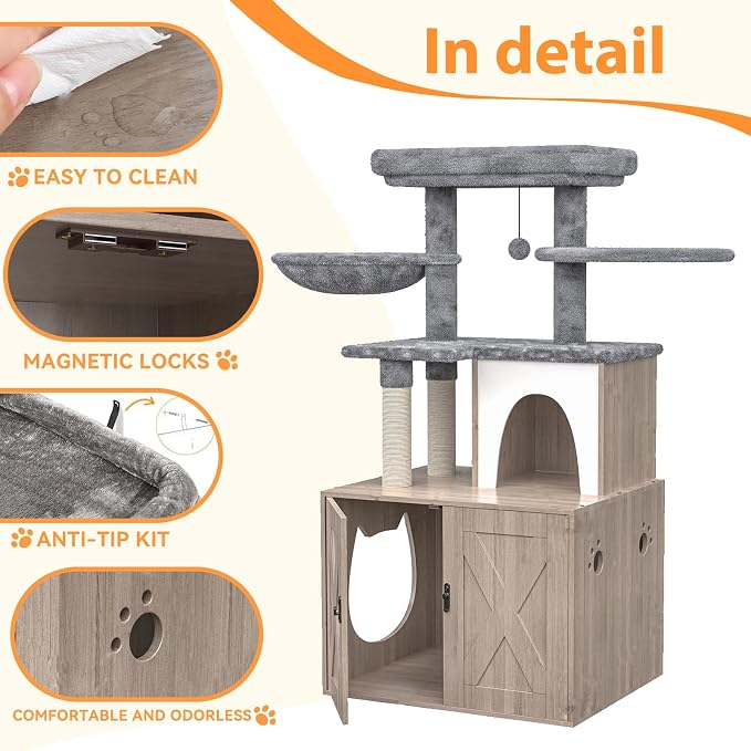 HavenlyYouth Litter Box Enclosure with Cat Tree,Cat Tree with Litter Box Enclosure,Hidden Pet Washroom Furniture with Sisal Scratching Post,Hammocks,Condo,Multiple Platform,Soft Plush Perch, Grey - Image 4