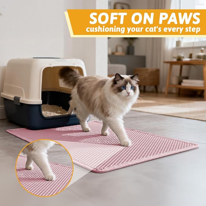 Pieviev Litter Box Mat, Double-Layer Urineproof Design, 30" x 24" Pink | Honeycomb Litter Trapping Mat Captures Scattered Particles to Stop Tracking, Waterproof Base Protects Floors, Easy to Clean - Image 4