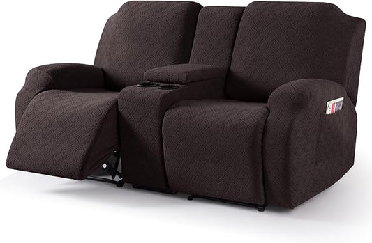 VANSOFY Stretch Recliner Loveseat Cover with Middle Console, Chocolate | 4-Pieces, Soft Furniture Protector, Washable Slipcover with Pocket, Pets Sofa Cover, High Stretchy fabric Couch Cover by VANSOFYFURNITURECOVERS