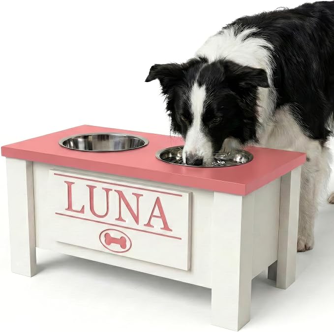 Elevated Dog Bowls, Personalized Raised Dog Bowl Stand for Medium Dogs | Farmhouse Style, Elevated Wood Stand, Storage Container, Stainless Steel Bowls, Raised Anti-Slip Feeder, Made in USA by GrooveThisWoodshop