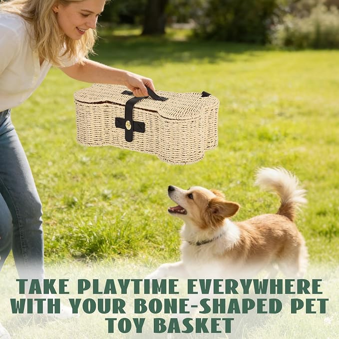 Bone Shaped Storage Basket Large Dog Toy Basket with Lid and Handles Dog Toy Bin Wicker Woven Bone Pet Organizer for Storing Frisbee Blankets Treats Pet Supplies - Image 5