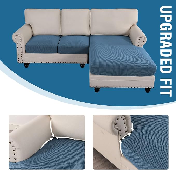 H.VERSAILTEX Sectional Couch Covers 3 Pieces Sofa Seat Cushion Covers L Shape Separate Cushion Couch Chaise Cover for Both Left/Right Sectional Couch (Seat Only: 1 Chaise + 2 Sofa, Dusty Blue) - Image 7