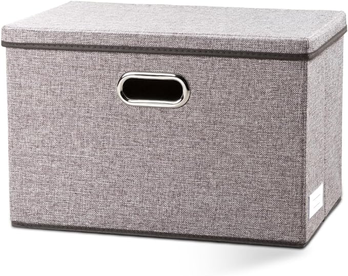 PRANDOM Large Foldable Storage Bin with Lid [1-Pack] Linen Fabric Decorative Storage Box Organizer Containers Basket Cube with Handles Divider for Bedroom Closet Office Living Room (17.7x11.8x11.8) by Prandom