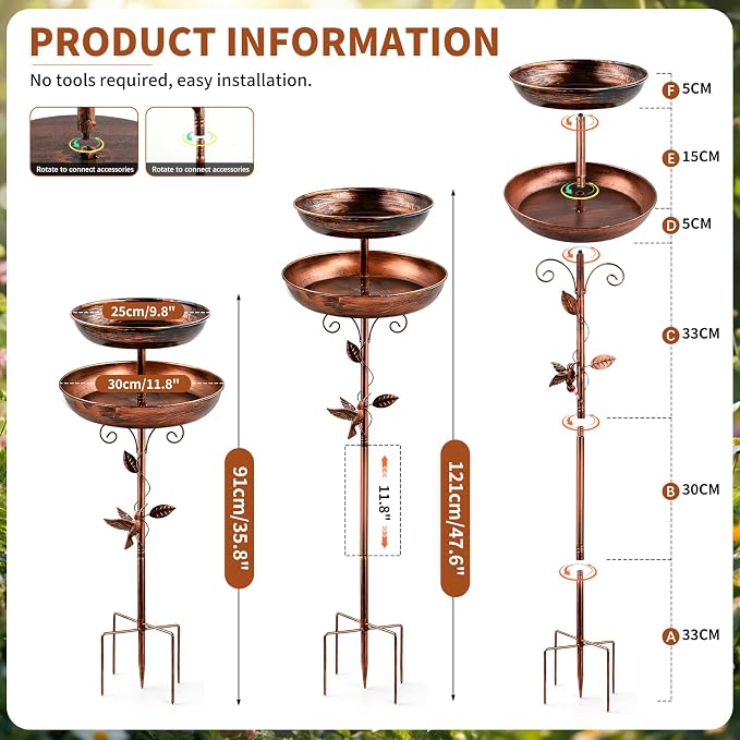 2-in-1 Tall Bird Bath and Feeder for Outdoors, 47" Adjustable Metal Standing Birdfeeder with 5-Prong Base, Antique Copper Finish Rustproof Water Bowl & Seed Tray Station for Garden Yard Patio Decor - Image 6