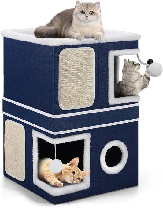 Shikha 2 Story Cat House beds for Indoor Cats with Scratch Pads Blue | 2 in 1 Dual Use Double Cat Bed Cave for Multiple Pets Kitten, Elevated Perch for a Wide View, All Season Reversible Cushion by Shikha