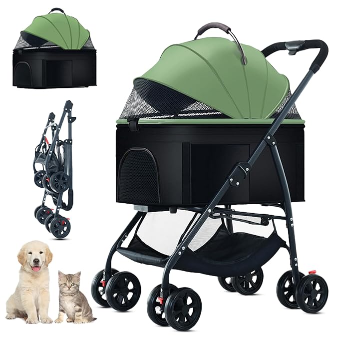 3-in-1 Pet Dog Stroller, Dog Wagon with Removable Carrier, Cat Stroller for Medium Dogs Up to 55lbs (Green)