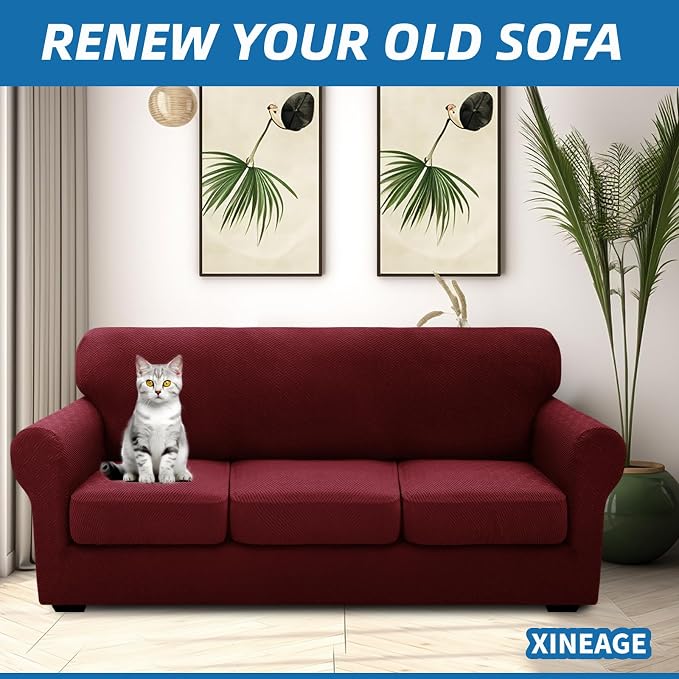 XINEAGE 2026 New 4 Pieces Couch Covers for 3 Cushion Couch Super Stretch Thick Soft Sofa Cover Anti Slip Sofa Slipcover Dogs Cats Furniture Protector (Wine Red, 71"-91") - Image 4