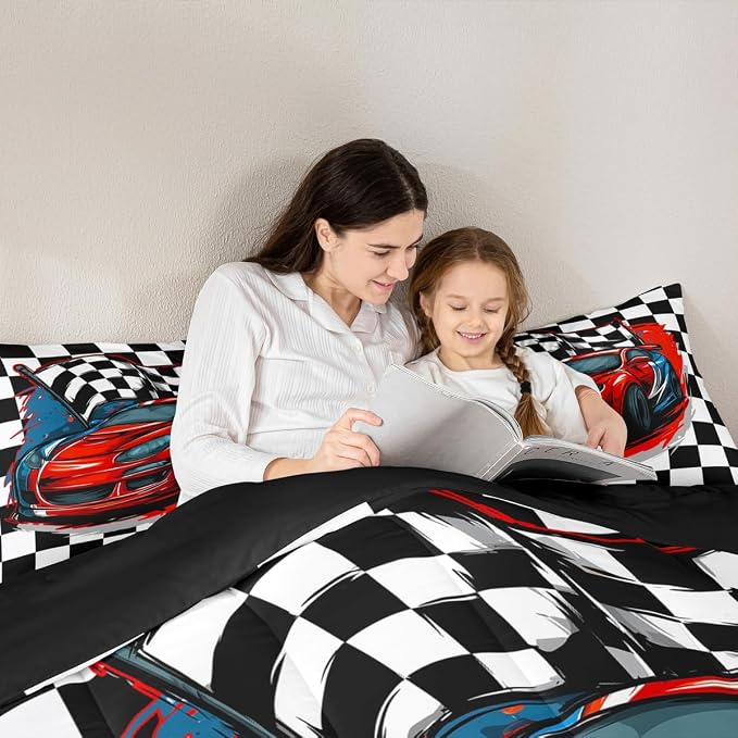 Red Race Car Bedding Set King Size Cool Racing Car Comforter Set Competition Extreme Sports Game Down Comforter for Kids Boys Girls Teens Bedroom Decor Plaid Pattern Duvet Insert with 2 Pillowcases - Image 5
