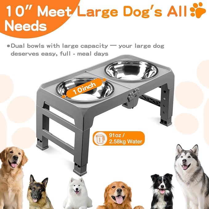Elevated Dog Bowls for Large Dogs 5 Adjustable Heights 7.5"-15.4", 2 X-Large 10” Stainless Steel Bowls, Heavy Duty Raised Dog Bowl Stand Foldable Pet Feeder for Dogs Shoulder Height Over 15”, Grey - Image 4