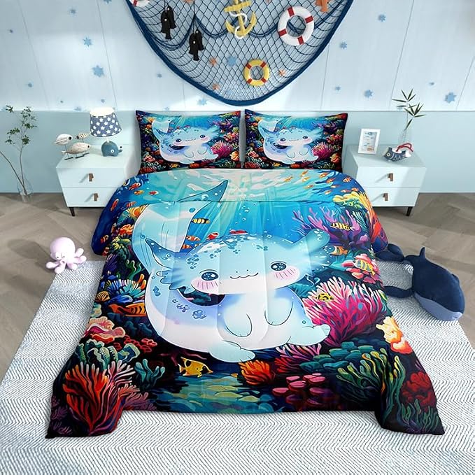 Manfei 3D Print Axolotl Comforter Set for Girls Kids,Cute Blue Ocean Animal Salamander All Season Cozy Bedding Set Full Size,Watercolor Undersea Coral Seaweed Duvet Set Bedroom Decor by Manfei