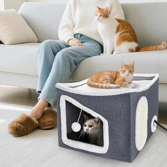Tovve Heated Cat House for Indoor, Large Cat Bed with Heating Pad, Adjustable Temperature & Timing, with Fluffy Ball Hanging and Scratch Pad, Foldable Pet Hideaway for Small Medium and Large Cats（XL） - Image 9