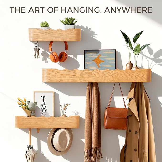 Coat Rack Wall Mount with Shelf Entryway Shelf Modern Key Holder Hanger Wall Shelves with Hidden Hooks for Hanging Towels Coats Hats Bags for Hallway Bathroom Bedroom(Wavy Oak, 5 Hooks) - Image 3