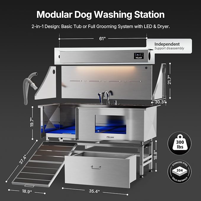POLIMO Dog Washing Station with Built-in Pet Dryer and LED Display 61" (Left Ramp), 304 Stainless Steel Dog Bathtub for Large Medium Small Dogs, Wash and Dry Grooming Tub with Faucet, Storage Drawer - Image 4