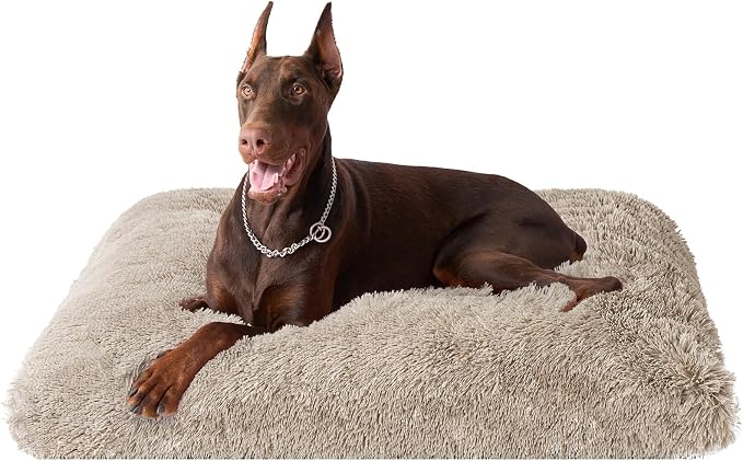 EHEYCIGA Fluffy Dog Crate Bed, Plush XX Large Dog Pillow, Taupe | Xlarge Calming Anti Anxiety Plush Faux Fur Mat for Large size dogs, Washable Soft Warm Dog Pad with Non-Slip Bottom by EHEYCIGA