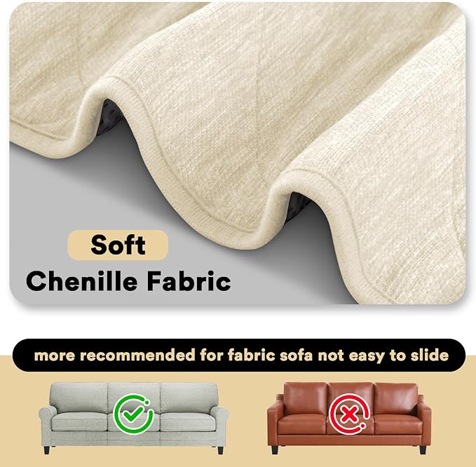 PrinceDeco Couch Covers for Dogs Chenille Sofa Covers for 2 Cushion Washable Quilted Checkered Fuzzy Pet Couch Cover Soft Couch Protector Non-Slip Sofa Pads for Puppy Cat Kids(34.5" x 60", Ivory) - Image 6