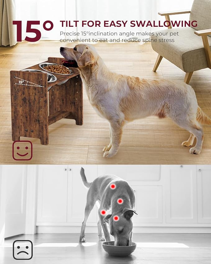 Vantic Elevated Dog Bowls, Adjustable Bowl Stand Large/XLarge, Rustic Brown | Particle Board Raised Dog Bowl Stand with 2 Stainless Steel Bowls for Large and Extra-Large Dogs - Image 3