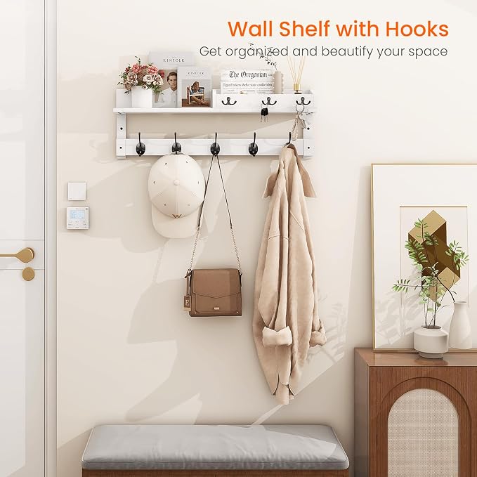 Homode Coat Rack Wall Mount with Hooks and Mail Holder | Entryway Floating Shelf with Key Hooks, Hanging Coat Hanger for Entry, Bathroom, Hallway, Bedroom, White - Image 2