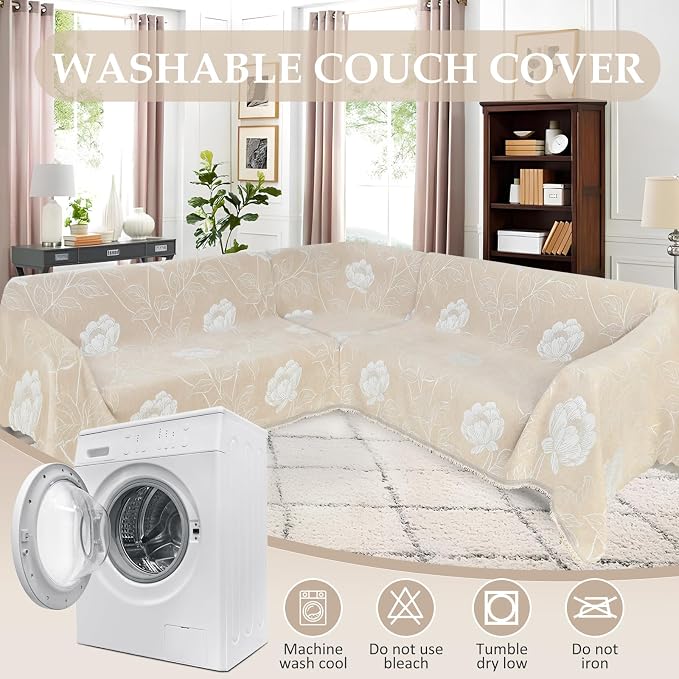 1OO% Waterproof Sectional Couch Covers for Dogs L Shaped Corner Sofa Cover Washable Chenille Sofa Slipcovers Blanket Modern Jacquard Pet Furniture Protector (91"x276", Beige Flower) - Image 8