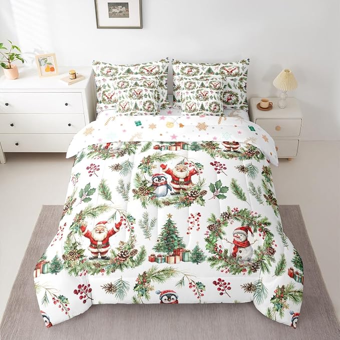Erosebridal Christmas Santa Claus Bed in A Bag 7 Pcs Cute Penguin Snowman Comforter Set for Women Men Xmas Berry Tree Bedding Sets King Berry Branches Holiday Wreath Sheet Set with Comforter - Image 3