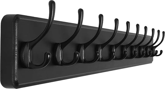 SKOLOO Large Black Wall Mounted Coat Rack - 38.6'' Long Coat Rack for Wall, Pine Solid Wood Coat Hook Hanger - 10 Hooks for Hanging Clothes Backpack Coats by SKOLOO