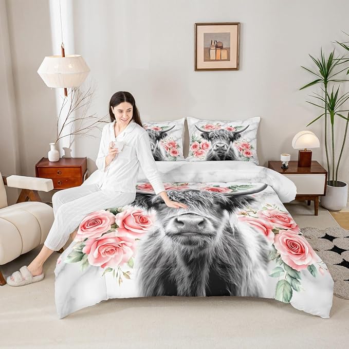 Erosebridal Highland Cow Flower Comforter Set Twin Size Bull Cattle Bedding Set Western Funny Animal Bedding Set Wildlife Farmhouse Cow Quilt Set Rose Grey Marble Comforter Set - Image 4