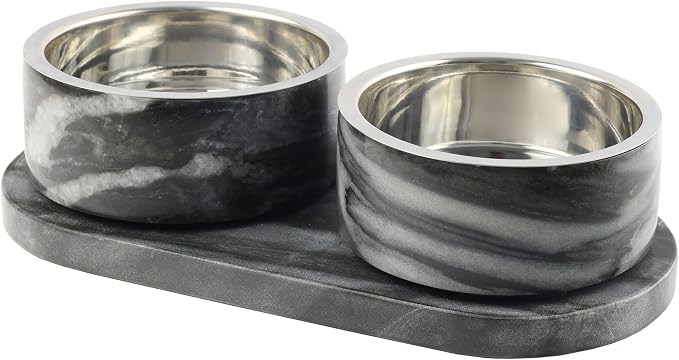 DBL1000D Marbre Small/Medium Modern Weighted Double Marble and Stainless Steel Bowl 12oz (1.5 Cups) Feeder with Non-Slip Marble Tray Set, Black/White - Image 6